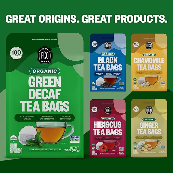 FGO Organic Green Decaf Tea, 100 Count, Eco-Conscious Tea Bags, Resealable Bag, Caffeine Free, Packaging May Vary (Pack of 1)