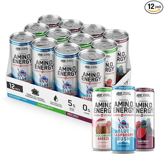Optimum Nutrition Amino Energy Sparkling Hydration Drink, Electrolytes, Caffeine, Amino Acids, BCAAs, Sugar Free, 12 Fl Oz, Berry Variety Pack of 12 (Packaging May Vary)