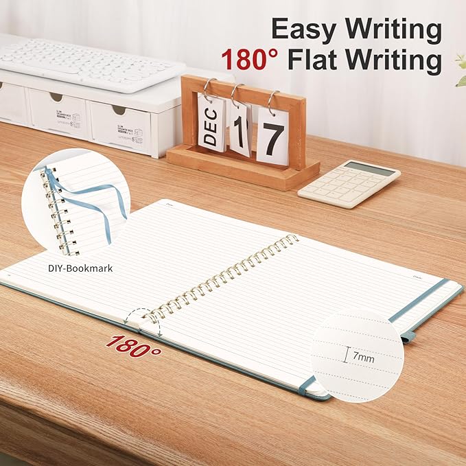 AHGXG Lined Spiral Journal Notebook, B5 Large Notebooks for Women Men, 140 Pages Hardcover Leather Notebook College Ruled, 100 GSM Paper, Notebooks for Work School Note Taking, 7.6" x 10", GrayBlue