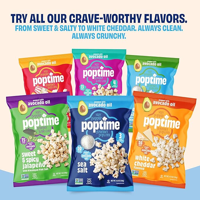 Poptime Gourmet Popcorn Snack Bags – Sea Salt Popcorn Bags, Healthy Snack Popped With Heart-Healthy Avocado Oil, Crunchy, Gluten Free, Vegan, Low Calorie, Kosher, Non-GMO - 4.5 oz - Pack 4