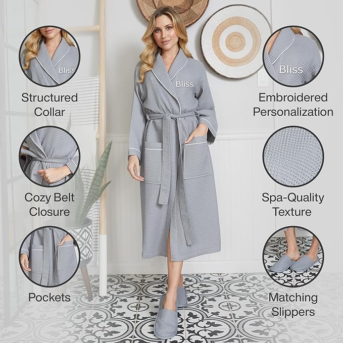 Lotus Linen Waffle Robes for Women - Lightweight Cotton Kimono Bathrobe - Long Soft Spa Bath Robe