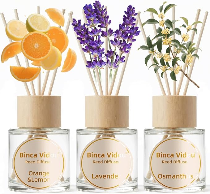 Binca Vidou Reed Diffuser Set, Lavender Osmanthus Orange&Lemon Scent Oil Diffusers with Sticks for Home Office Bathroom Aromatherapy Decor 1.69oz X 3