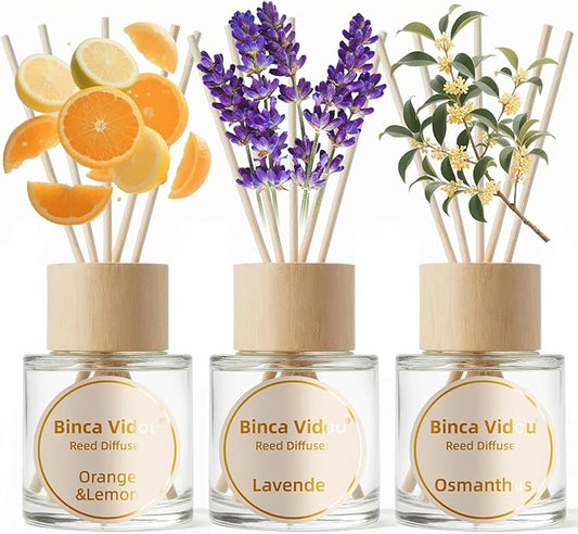 Binca Vidou Reed Diffuser Set, Lavender Osmanthus Orange&Lemon Scent Oil Diffusers with Sticks for Home Office Bathroom Aromatherapy Decor 1.69oz X 3