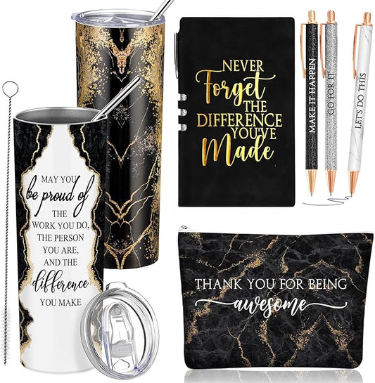 Domensi 6 Pcs Employee Appreciation Gift Set for Women Female Thank You Gift May You Be Proud 20 oz Rustic Marble Sign Tumbler Makeup Bag Journal for Teacher Nurse Lady Work Business(Black)