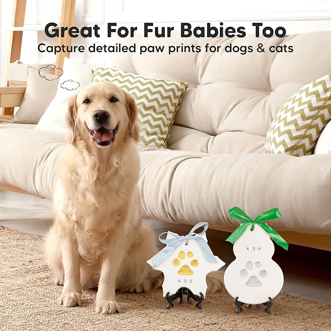 Baby Hand and Footprint Kit - Personalized Newborn Footprint Ornament, Clay Handprint Keepsake, Easy DIY Dog Paw Print Kit, Baby Shower Gifts for Boys, Girls, New Mom Gifts (Snow)