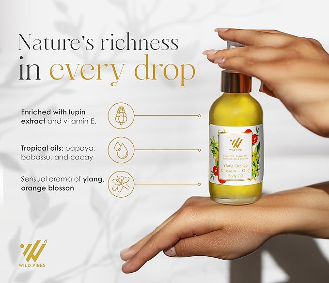 Wild Vibes Ylang Orange Blossom + Oud Luxury Body Oil – Organic with Tropical Oils for Hydrated, Youthful Skin – Anti-Aging, Collagen-Boosting After Shower for Women – 4 oz