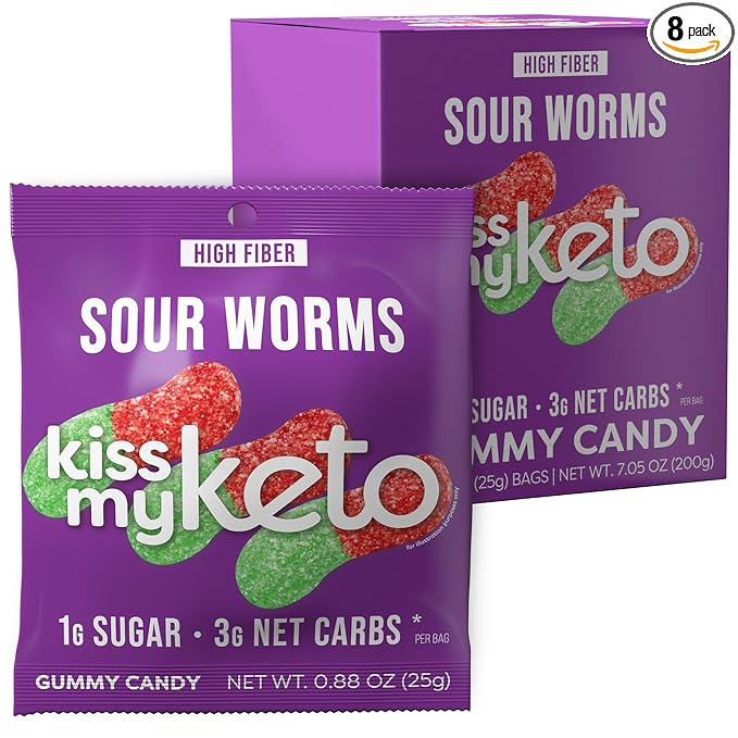 Kiss My Keto Sour Gummy Worms, 8-Pack – Satisfy Cravings while Staying in Ketosis – High Fiber, 3g Net Carbs, Non-GMO, Vegan, & No Gluten – Fruity Sugar Free Gummies
