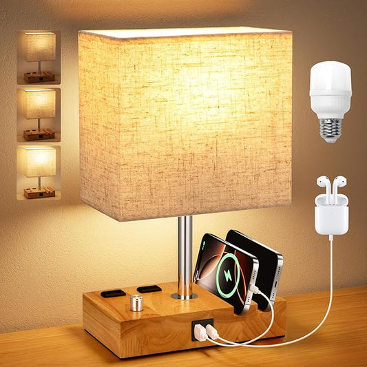 Kakanuo Fully Dimmable Nightstand Lamp for Bedroom with USB C Ports, Small Bedside Table Lamp with Charging Outlets and Phone Stands, Wooden Desk Lamp for Living Room, LED Bulb Included