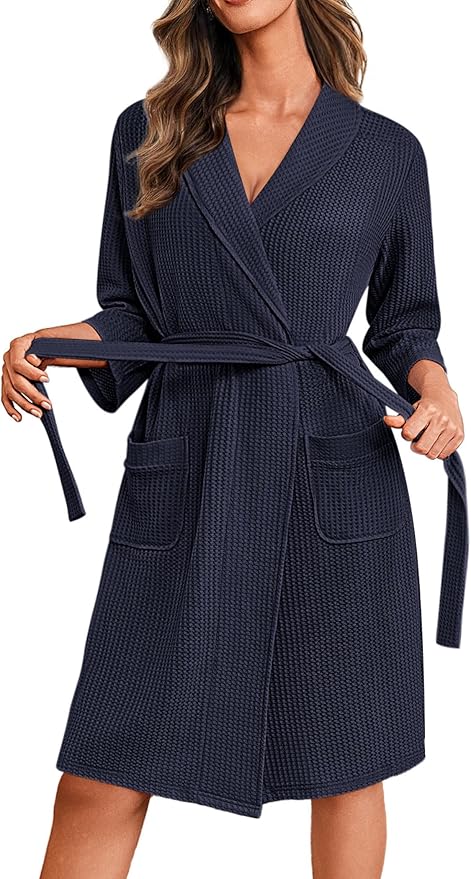 Ekouaer Robes for Women Waffle Knit Bathrobe Lightweight Kimono Robe Knee Length Loungewear with Pockets