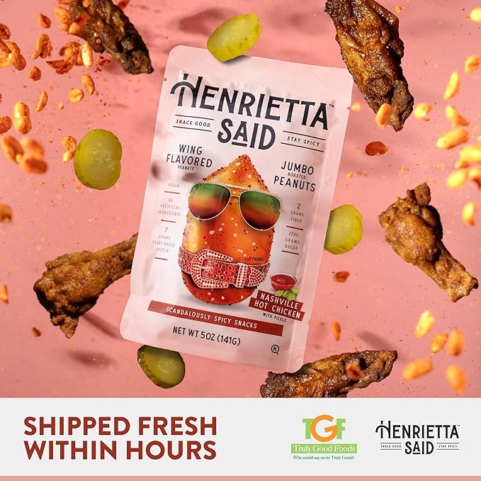 Henrietta Said Wing-Flavored Peanuts - Truly Good Foods Snacking Nuts - Bold Flavors - Savory & Spicy Jumbo Flavored Peanuts - Vegan Snack - 4 (5-oz) Packs - Nashville Hot Chicken With Pickle