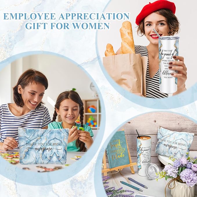 Domensi 6 Pcs Employee Appreciation Gift Set for Women Female Thank You Gift May You Be Proud 20 oz Rustic Marble Sign Tumbler Makeup Bag Journal for Teacher Nurse Lady Work Business(Blue)