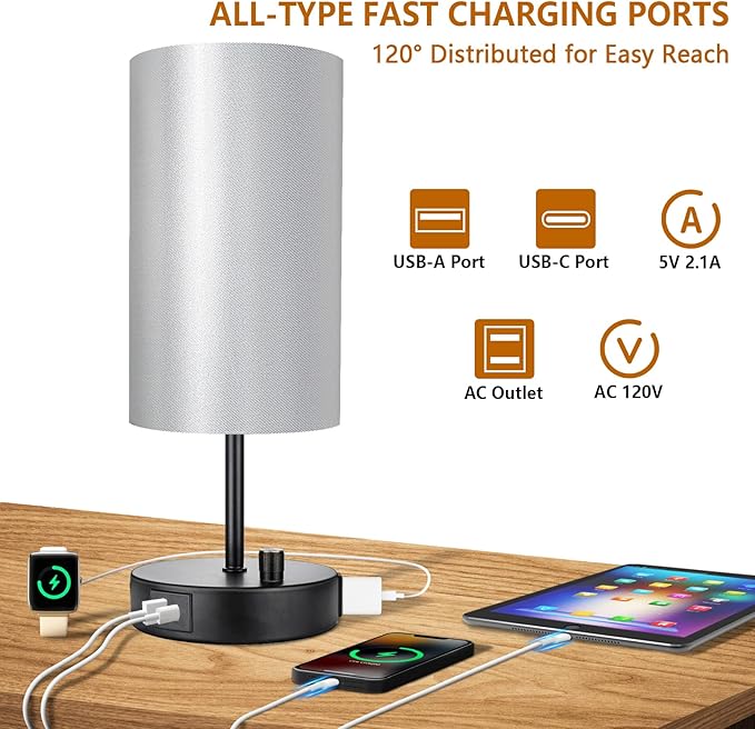 HiBay 17.75" H Dimmable LED Bedside Table Lamps Set of 2with USB Charging Ports & AC Outlet, Modern Black Nightstand Lights for Bedroom, Office, Living Room, Kids Room, E26 Bulb Included