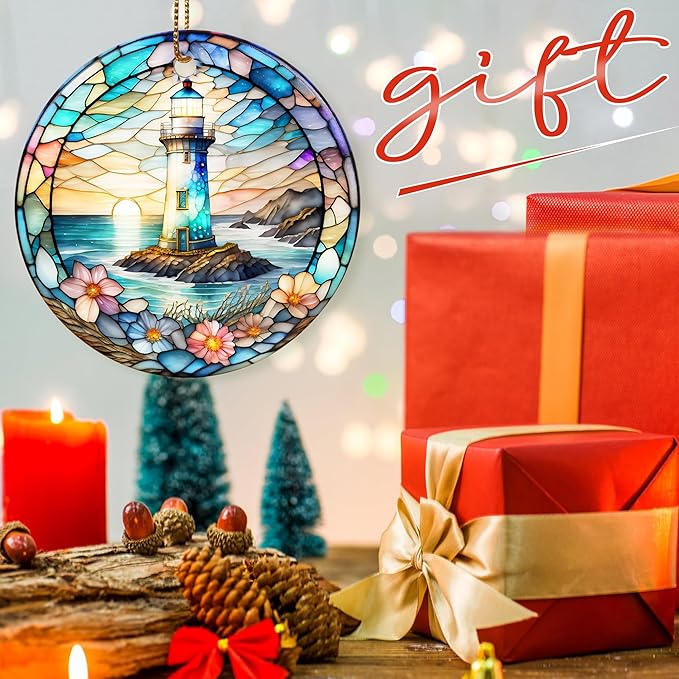 Colorful Ceramic Lighthouse Christmas Ornament for Tree, Holiday Decorations, Christmas Decor, Lighthouse Lovers Gifts, Ornament Gift Ideas