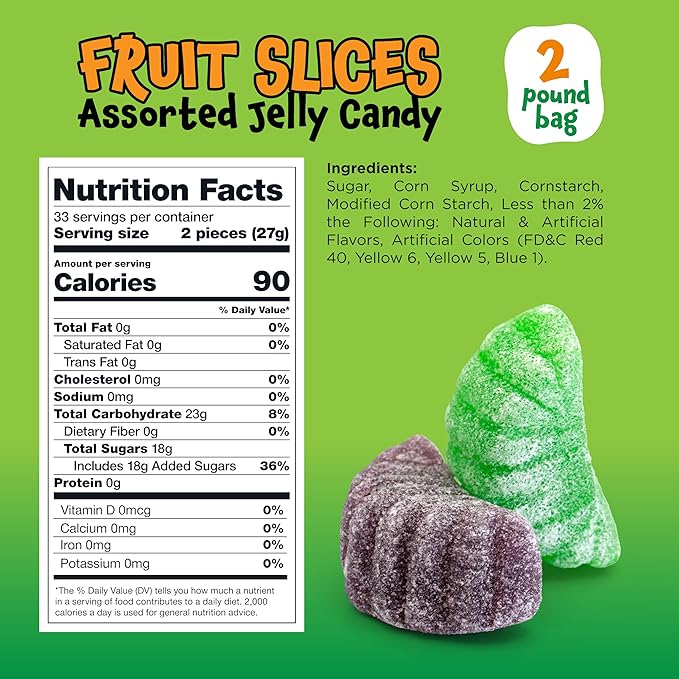 Fruit Slices - 2 Pound Bulk Pack (About 65 Count) - Assorted Jelly Candy - Unwrapped - Sugar-Dusted Old-Fashioned Sweets