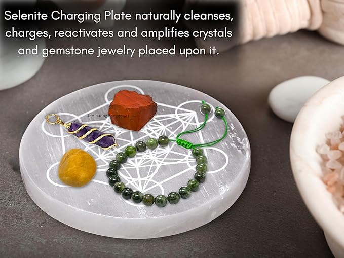 Amazing Gemstone Selenite Crystal Charging Plate For Crystals And Healing Stones, 3" Selenite Crystal Plate Engraved Metatron Coaster For Home, Office Table Decor (Selenite Round Disc)