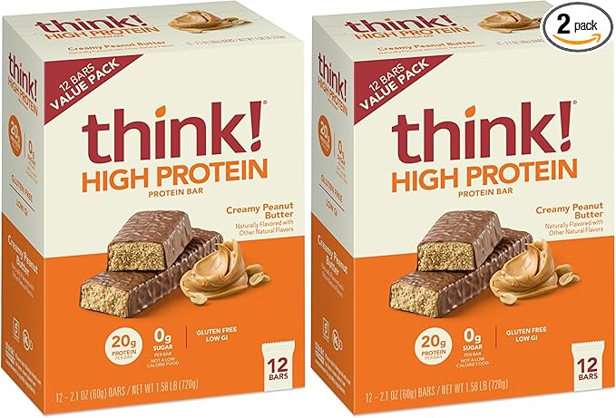Think! Protein Bars, High Protein Snacks, Gluten Free, Sugar Free Energy Bar with Whey Protein Isolate, Creamy Peanut Butter, Nutrition Bars without Artificial Sweeteners, 1 Box (Pack of 2)
