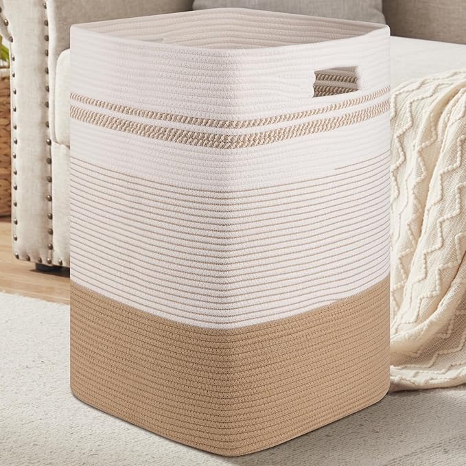 Laundry Hamper, Large Woven Rope Tall Laundry Basket with Handles, 24" X 16" X 16", Decorative Storage Basket for Clothes and Blankets in Living room, Bedroom, Jute & White