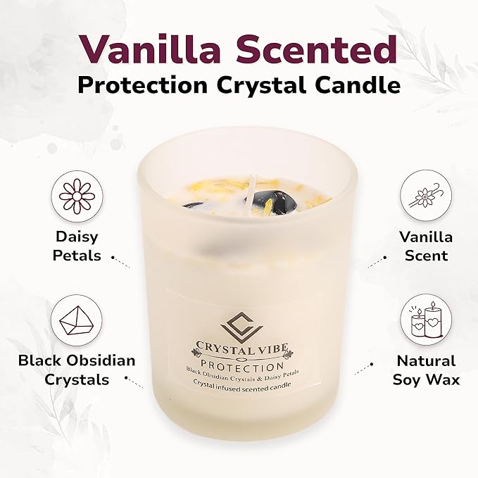 Crystal Vibe Protection Crystal Candle with Black Obsidian Crystals and Daisy Petals - Natural Soy Candles - Vanilla Scented Aromatherapy Candle Gifts for Christmas Birthdays
