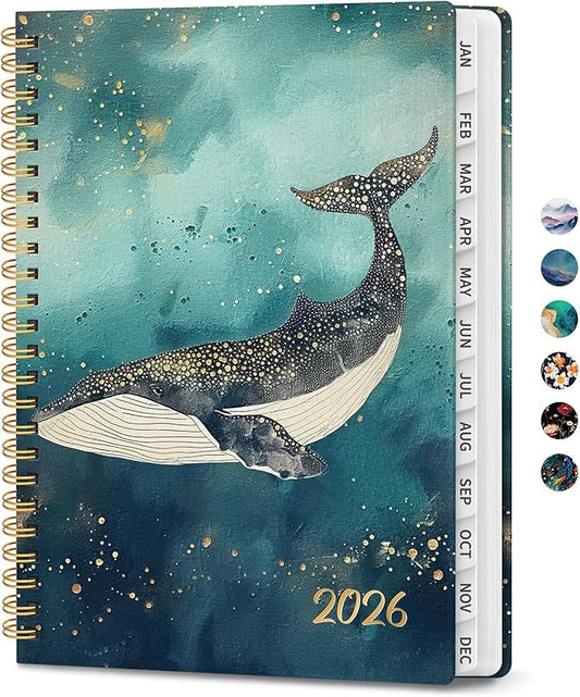2026 Planner, Monthly and Weekly Calendar Planner for Women, January 2026 - December 2026, Hardcover Pretty 2026 Agenda Planner Book with Tabs, Spiral Bound, Perfect for School Office Home Supplies, 6.3" x 8.5" - Whale Dreams