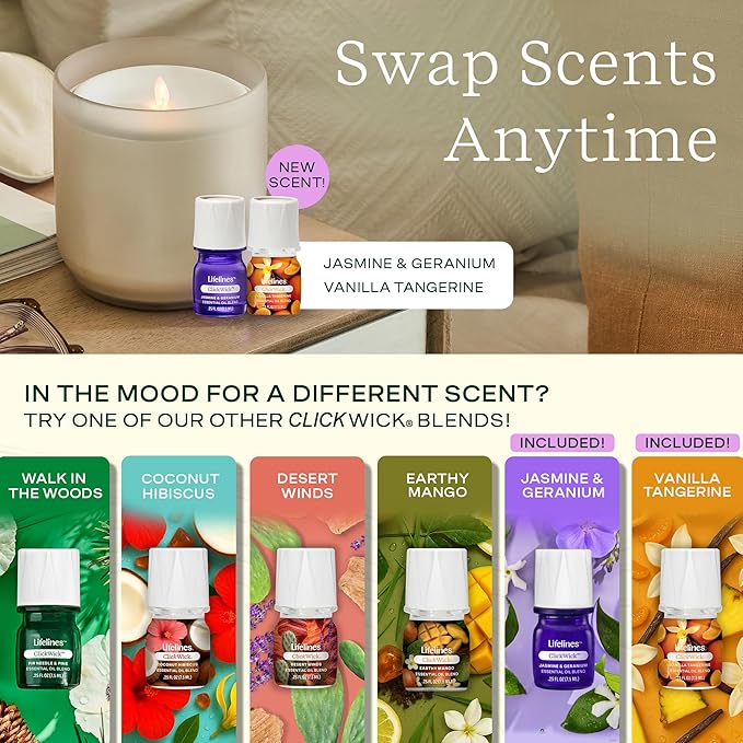 Lifelines Flameless Candle Aromatherapy Essential Oil Diffuser with 2 ClickWick Essential Oil Blends - Cordless & Waterless Diffuser for Home - Scented Electric Candles Blow Out Flame - Frosted Cream