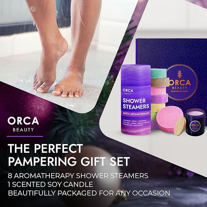 8-Pcs Shower Steamers Aromatherapy & Scented Candle - Birthday Self Care Relaxation Gifts for Women, Pampering Shower Bombs Aromatherapy, Spa Day Essentials, Christmas Purple Gift Bundle