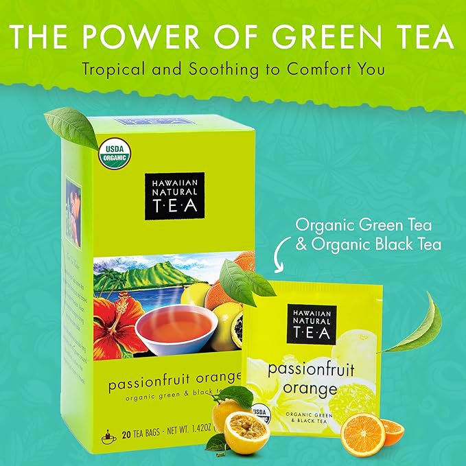 Hawaiian Natural Passion Fruit Orange Flavored Organic Tea - Tropical Fruit Green & Black Tea Blend, Perfect Daily Cup & Gift - 20 Bags