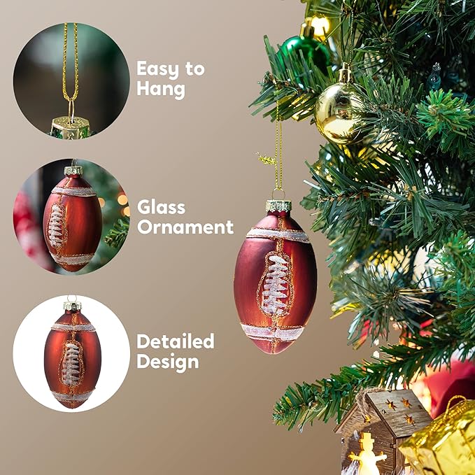 Joiedomi Christmas Football Glass Small Ornament, Sports Ball Glass Blown Mini Ornament, Boys Sports Decorations for Xmas Gift Holiday Party Favor Indoor Decoration
