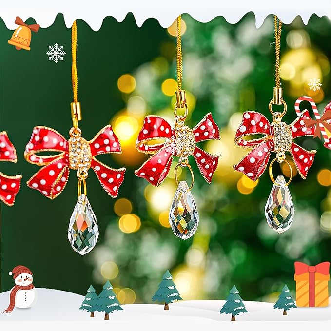 H&D HYALINE & DORA 6 Pcs Red Bow Ornaments for Christmas Tree Decorations Rhinestones Bow Crystal Suncatcher Gifts Hanging Ornaments for Home Xmas Holiday Decor