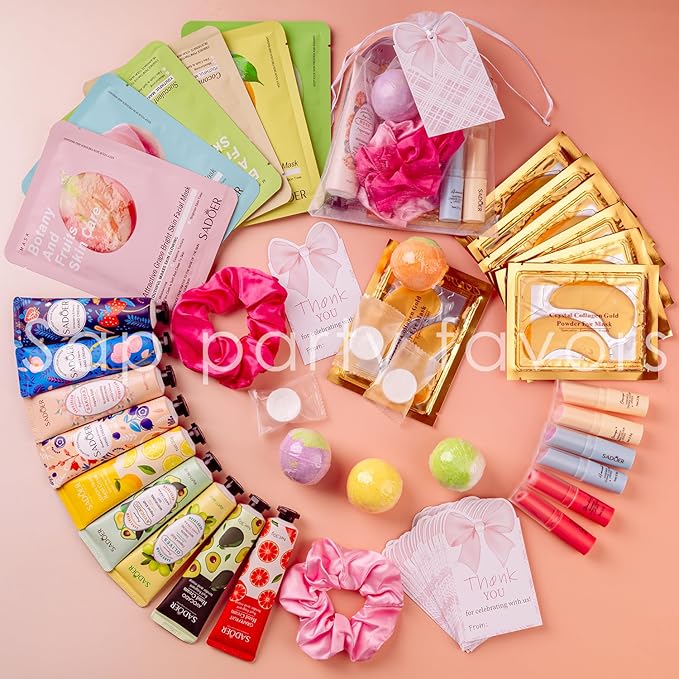 108 Piece Girls Spa Party Supplies Set , Face Masks, Hand Creams, Eye Patches, Bath Bombs, Lip Balms, 12 Person Kit