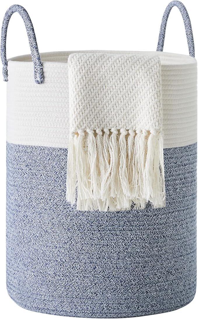 Cotton Rope Laundry Hamper by YOUDENOVA, 58L - Woven Collapsible Laundry Basket - Clothes Storage Basket for Blankets, Laundry Room Organizing, Bedroom Storage, Clothes Hamper – Blue