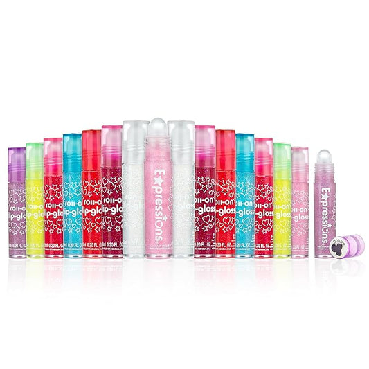 EXPRESSIONS 16pc Roller-Ball Glitter Lip Gloss Set, 8 Assorted Fruit Flavored Roll On Rollerball Lip Gloss for Kids, Safe, Non Toxic Kids Makeup Set