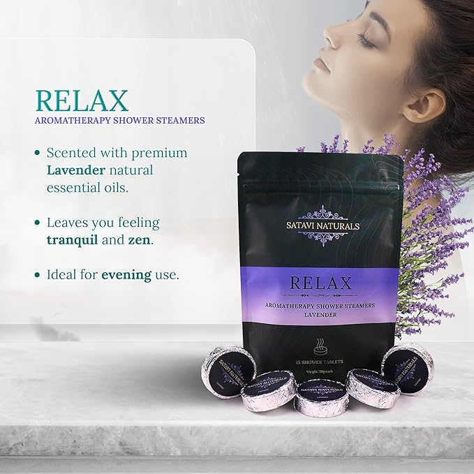 Aromatherapy Shower Steamers (15-Pack) Relax - Lavender Scented Vapor Tabs for Self-Care, Aromatic Shower Bath Bombs, Natural Essential Oils for Women & Men