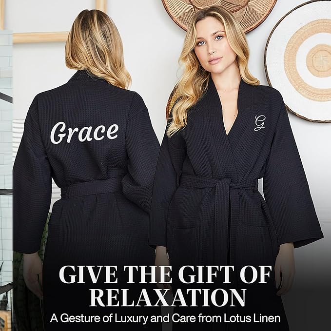 Lotus Linen Waffle Robes for Women - Lightweight Cotton Kimono Bathrobe - Long Soft Spa Bath Robe