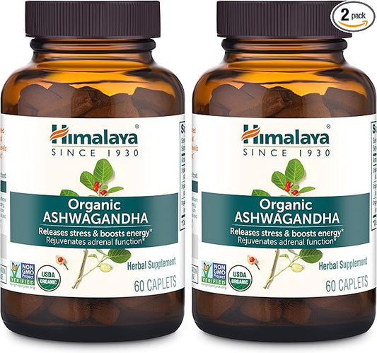 Himalaya Organic Ashwagandha, 120 Day Supply, Herbal Supplement for Stress Relief, Energy Support, Occasional Sleeplessness, USDA Organic, Non-GMO, Vegan, Gluten Free, 670 mg, 60 Caplets, 2 Pack