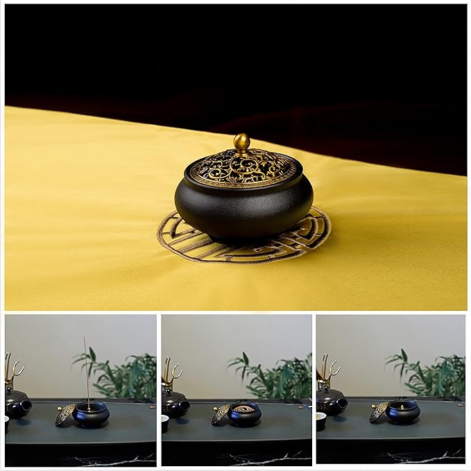 Cone Incense Burner Gift Set – Ceramic Burner with Metal Lid, Holder & Fireproof Cotton – for Stick, Cone & Coil (Black)