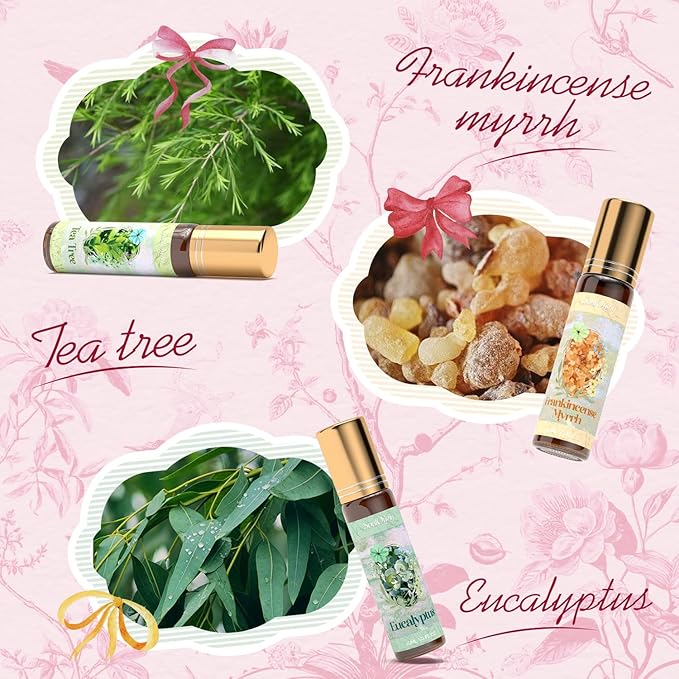 Essential Oil Roll On Set, Natural Aromatherapy Oils with Portable Roller Ball for Skin Care- Tea Tree, Frankincense & Myrrh, Lavender, Peppermint, Eucalyptus, Lemon - Gifts for Women & Men