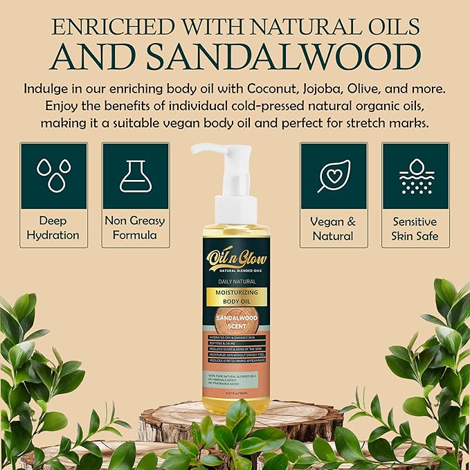 USDA Certified Organic Pure Natural Hydrating Body Oil After Shower With Coconut, Jojoba, Olive & Almond Non-Greasy Moisturizing Oil For Women & Men Dry Skin 5.07 fl oz/150ml-Sandalwood Scent