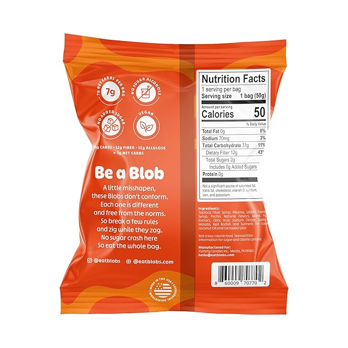Blobs Gummy Candy 2g Sugar Healthy Gummies - Low Net Carb & Low Calorie - No Sugar Alcohols, Vegan, Gluten Free, No Dyes -1.8 oz per bag (Pack of 6) - Orange Peach Flavor