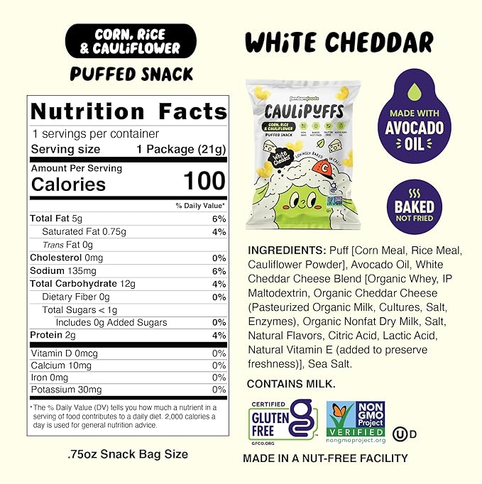 CauliPuffs - Corn, Rice, and Cauliflower Gluten Free Puffed Snack (15 x 0.75oz Bags, White Cheddar)