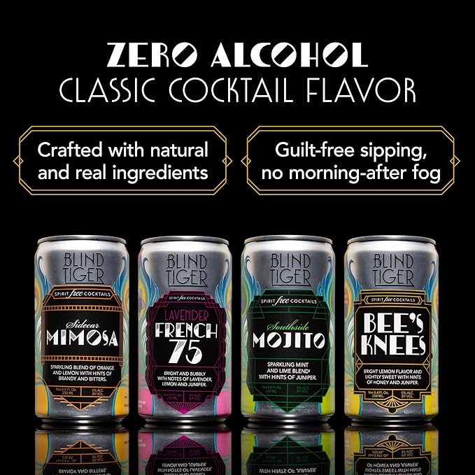 Blind Tiger Non-Alcoholic Sparkling Mocktails Variety Pack | Crafted with Natural Ingredients | Mixers, Cocktails, Mocktails | 8.4 fl oz Cans | (8-Pack, Variety Pack)