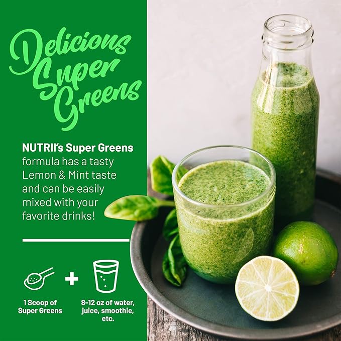 Organic Green Immunity Superfood Powder - Soothes Digestion, Boosts Healthy Vitality and Energy. Fast Acting Formula with Probiotics, Enzymes, Turmeric and Ashwagandha (30 Servings Lemon-Mint)