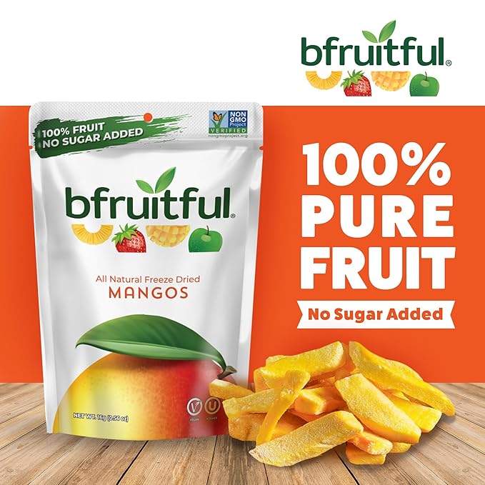 bfruitful Freeze-Dried Mango, Freeze Dried Fresh Fruit Bites, Gluten Free, Vegan, Dairy Free, Kosher, No Sugar Added, Non GMO, Healthy Snacks for Kids or Adults, 0.56 oz Single-Serve Snack Packets, 24 Pack