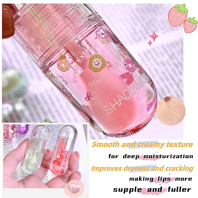 4 Pcs Lip Gloss Oil Set, Fruit Flavored Lip Gloss Set Cute Lip Jelly Hydrating Lip Make-Up for Kids and Teens, Kid Friendly, Party Gift, Non-toxic
