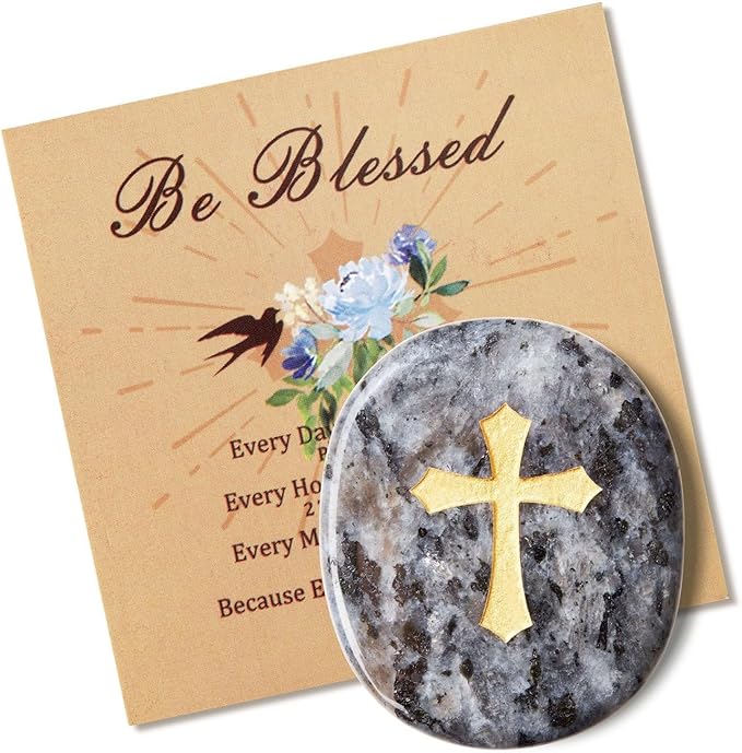 LAIDANLA Black Labradorite Cross Engraved Healing Crystal Worry Stones for Pray Faith Anxiety Relief Oval Palm Stone Polished Natural Crystal Gifts