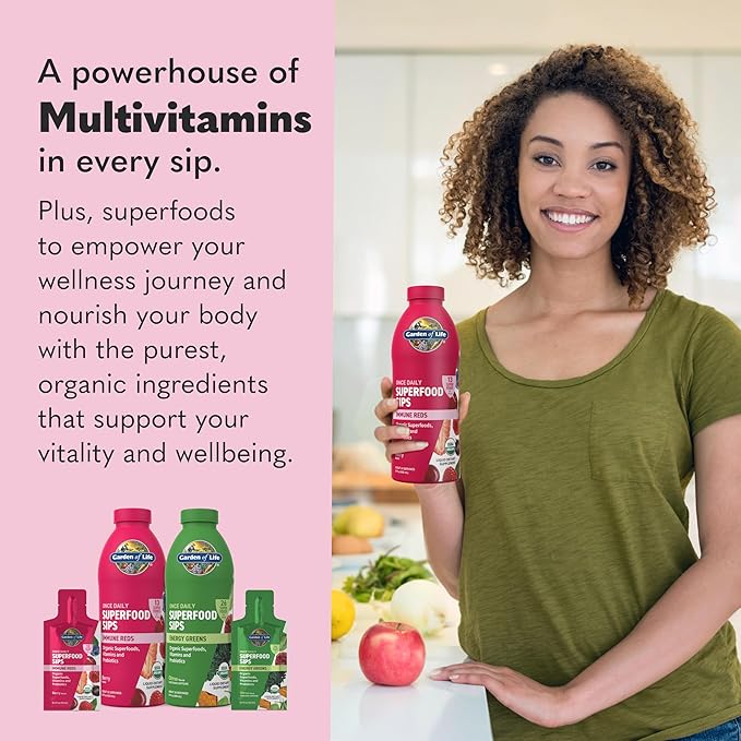 Garden of Life Superfoods Sips, 30 Servings, Vitamins, Probiotics, 13 Organic Superfoods, Functional Mushrooms, Immune Reds, Once Daily, Organic, Vegan, Preservative-Free, Berry Flavor