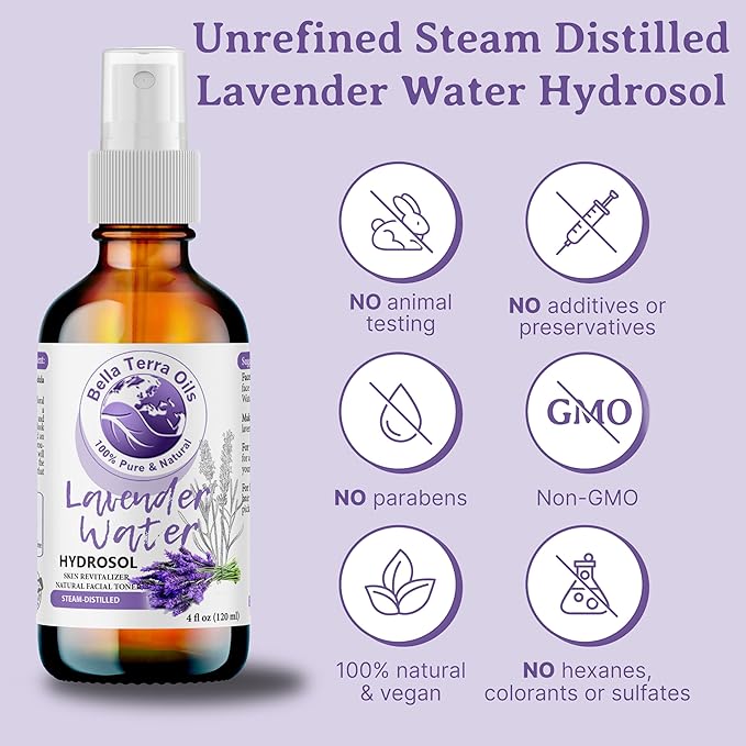 Bella Terra Oils Premium Lavender Water Hydrosol – 1gallon, Steam Distilled, Refreshing Skin Tonic, Soothing Aroma, Hydrating for Skin