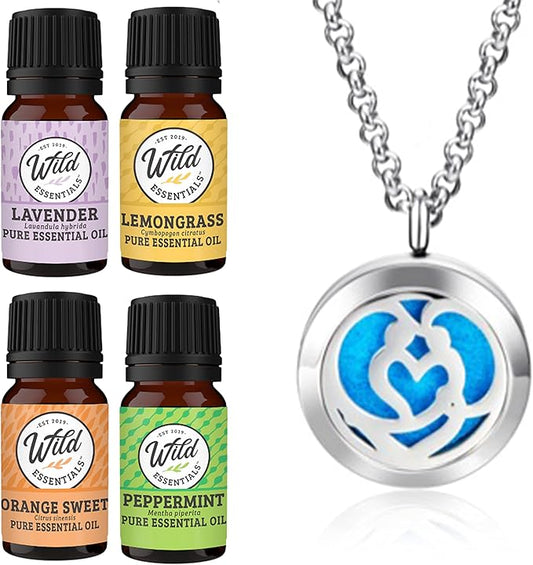 Wild Essentials Couple’s Heart Necklace Essential Oil Diffuser Kit, Lavender, Lemongrass, Peppermint, Orange Oils, 12 Refill Pads, Calming Aromatherapy Gift Set, Customizable Color Changing, Perfume