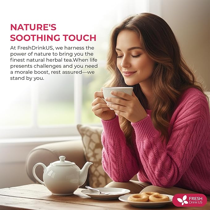FreshDrinkUS, 40 Tea Bags - Menopause Support Herbal Tea – Soothing Blend with Rhubarb, Hibiscus, Valerian, Passiflora, Ashwagandha, Fennel & Chamomile, Caffeine-Free, Vegan, Non-GMO