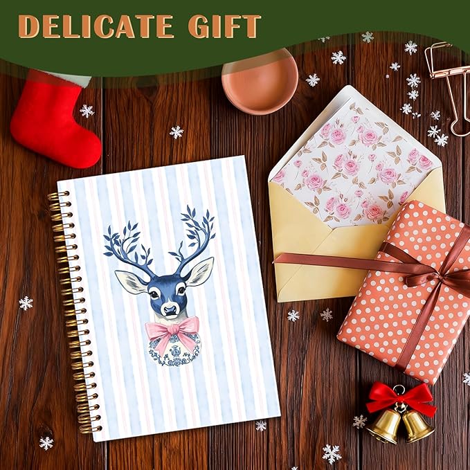 Exqcom Blue Chinoiserie Christmas Deer Spiral Notebook Gifts, Preppy Pink Bow Xmas Deer Journal for Women, Grandmillennial Christmas Hardcover Notebook Journal Office School Supplies, 5.5x8.3 Inch