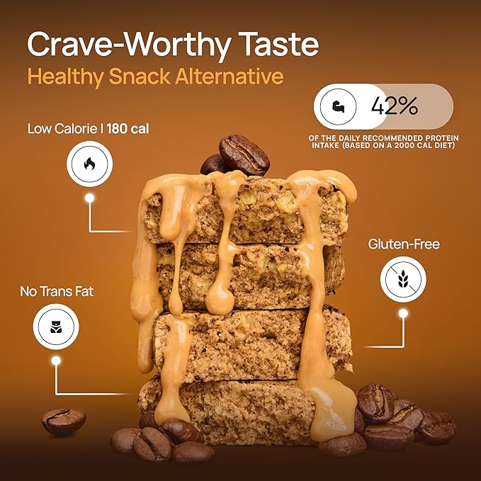 ProGo Protein Bars, Low Sugar, High Protein Snacks (21g) - 95% Pure Isolate for Faster Muscle Growth & Recovery, Low Calorie, Sweetened w/Peanut Butter & Raw Honey (20-Count, Coffee Crunch)